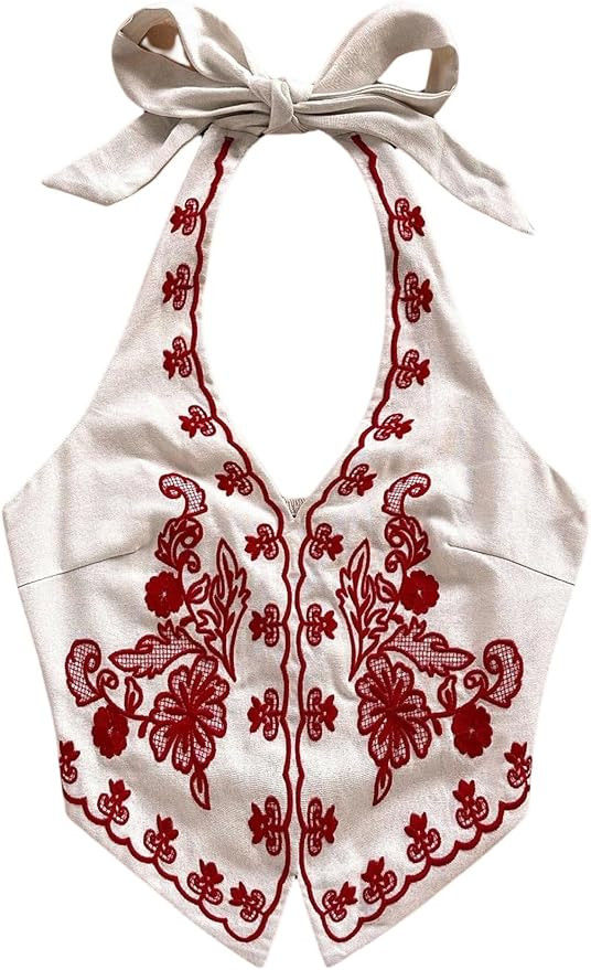 OYOANGLE Women's Floral Boho Summer Halter Crop Tops Embroidery Vacation Tank Top Tie Backless Vi... | Amazon (US)