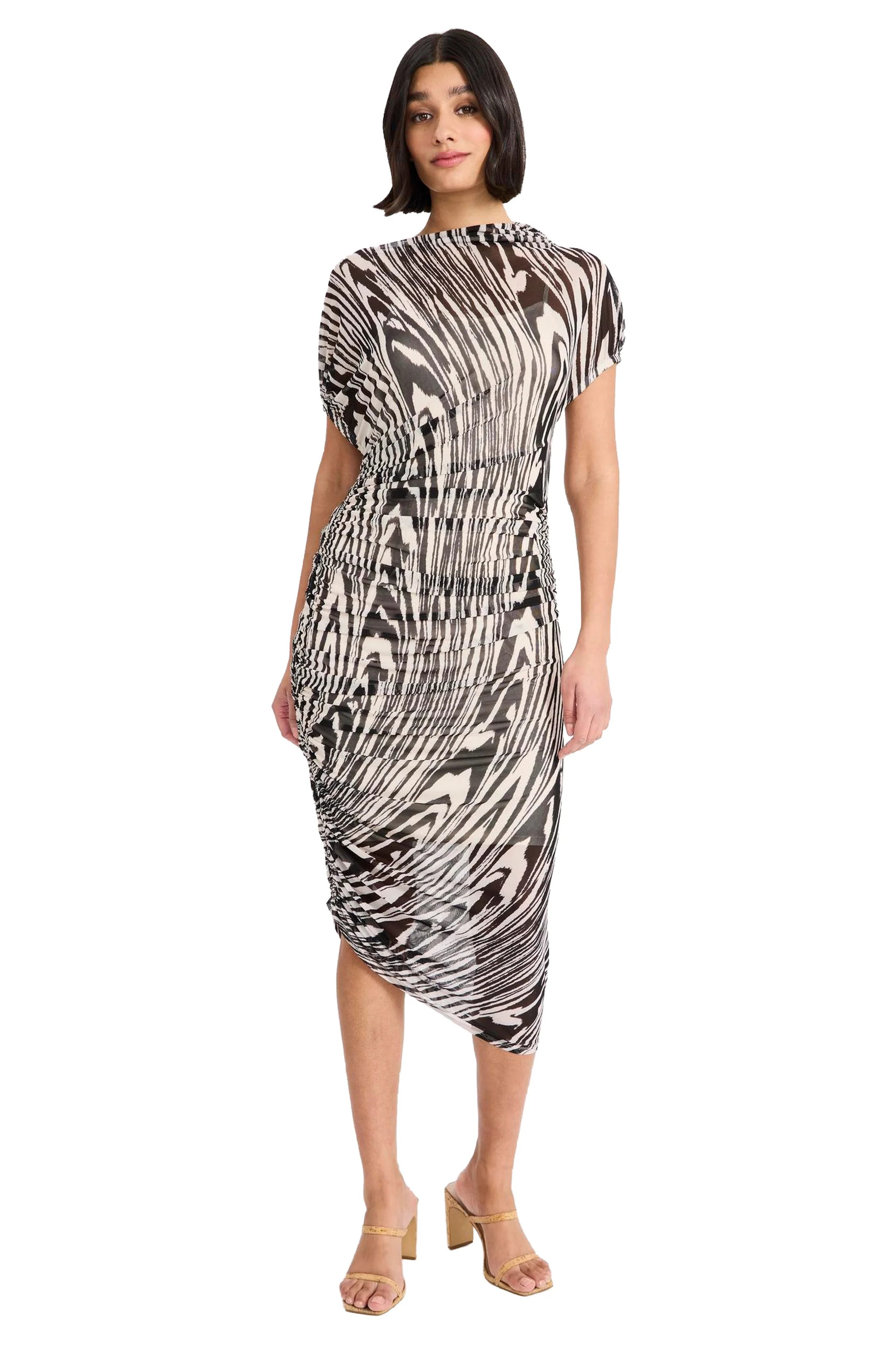 Bev Mesh Asymmetrical Ruched Midi Sheath Cap Sleeve | Donna Morgan | Maggy London
