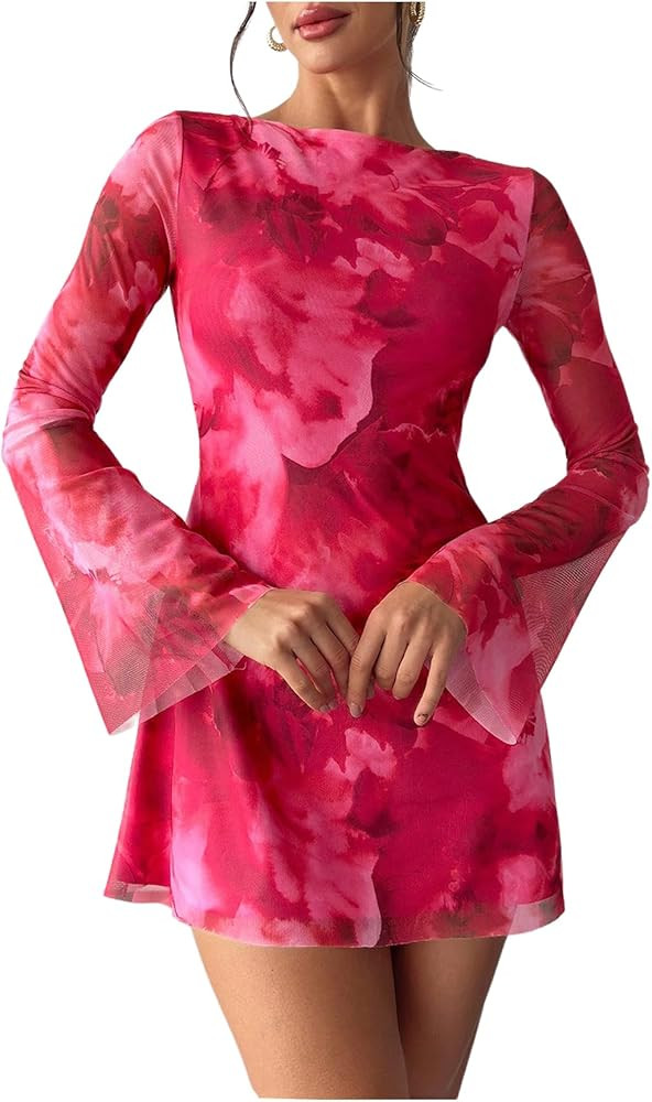 Milumia Women's Floral Bell Long Sleeve Mini Dress Boat Neck Mesh Short Dresses | Amazon (US)