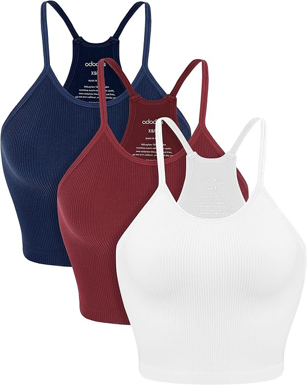 ODODOS Women's Crop 3-Pack Washed Seamless Rib-Knit Camisole Crop Tank Top | Amazon (US)