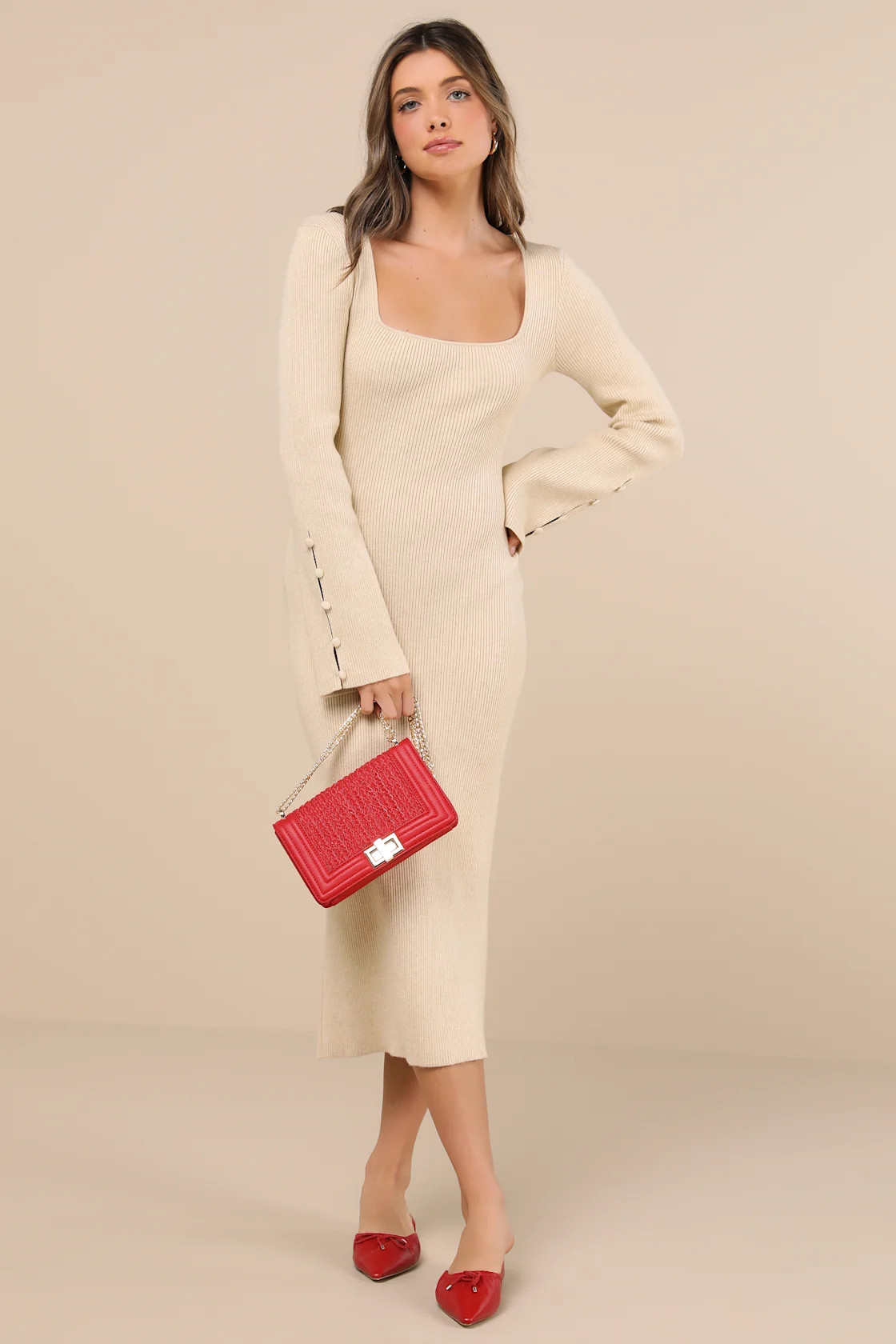 Classy Attitude Beige Ribbed Square Neck Midi Sweater Dress | Lulus