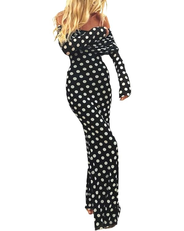 Polka Dot Maxi Dress for Women Long Sleeve Off The Shoulder Maxi Dresses Sexy Mesh Party Dress Go... | Amazon (US)