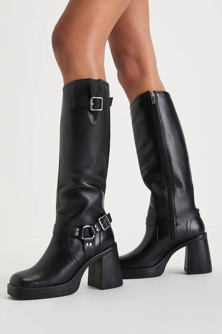 Francine Black Leather Knee-High Moto Boots | Lulus (US)