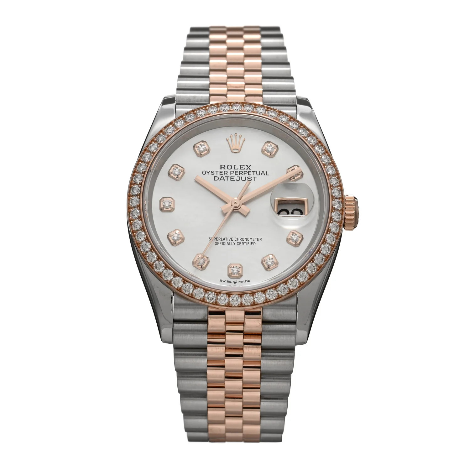 ROLEX Stainless Steel 18K Everose Gold Diamond Bezel Mother of Pearl 36mm Oyster Perpetual Dateju... | FASHIONPHILE (US)
