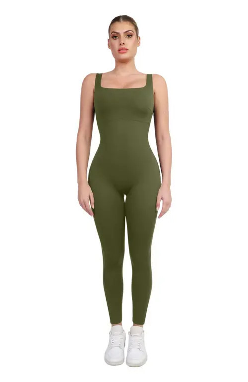 Popilush Shapewear Square Neck Thigh Slimming Workout Jumpsuit in Jade Green at Nordstrom, Size 3X-Large | Nordstrom