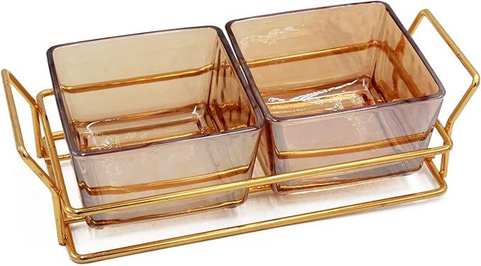 2 Square Glass Serving Dish with Gold Metal Rack, Chip and Dip Set, Food Trays for Party, Stand S... | Amazon (US)