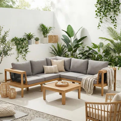 4 Pieces Outdoor Acacia Wood Conversation Sofa Set, L-Shaped Patio Furniture Sofa Set with Coffee Table | Wayfair North America