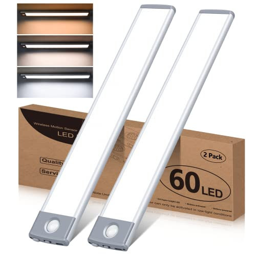 60 LED Under Cabinet Lights 2 Packs, 3 Color Temperatures Motion Sensor Light Indoor, 2500mAh Rec... | Amazon (US)