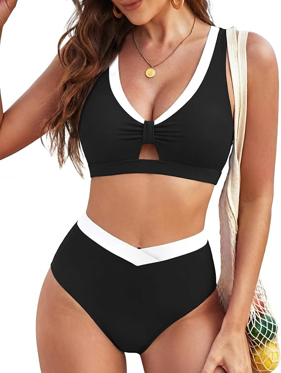 Women's High Waisted Bikini Sets Sporty Two Piece Swimsuits Color Block Cutout V Neck Tummy Contr... | Amazon (US)