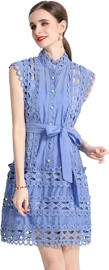LAI MENG FIVE CATS Womens Summer Sleeveless Hollow Out Button Casual Loose Mini Party Dresses wit... | Amazon (US)