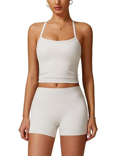 ABOCIW Womens Workout Sets Two Piece Padded Sports Bra Tank Tops High Waist Booty Shorts Gym Yoga Active Wear Outfits Bone X-Large | Amazon (US)