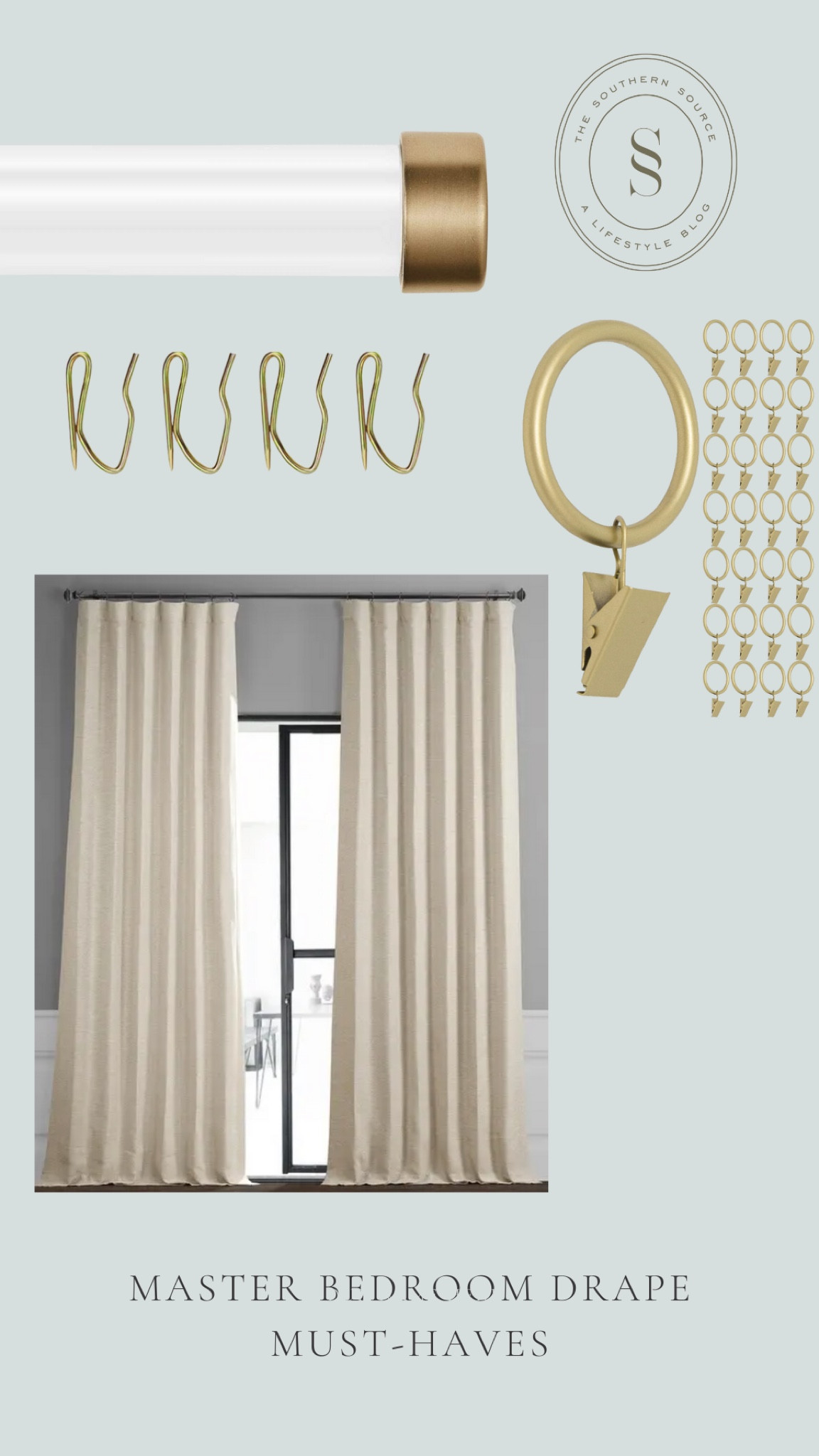 Drapery essentials. Acrylic rod, gold drapery rings, drapery pins, and 120 long curtain options 

#LTKunder50 #LTKunder100 #LTKhome