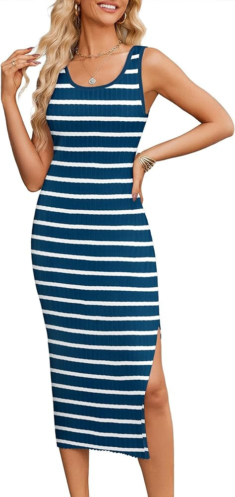 Zeagoo Women Summer Striped Knit Dress Casual Sleeveless Crewneck Bodycon Side Slit Sundress Midi... | Amazon (US)