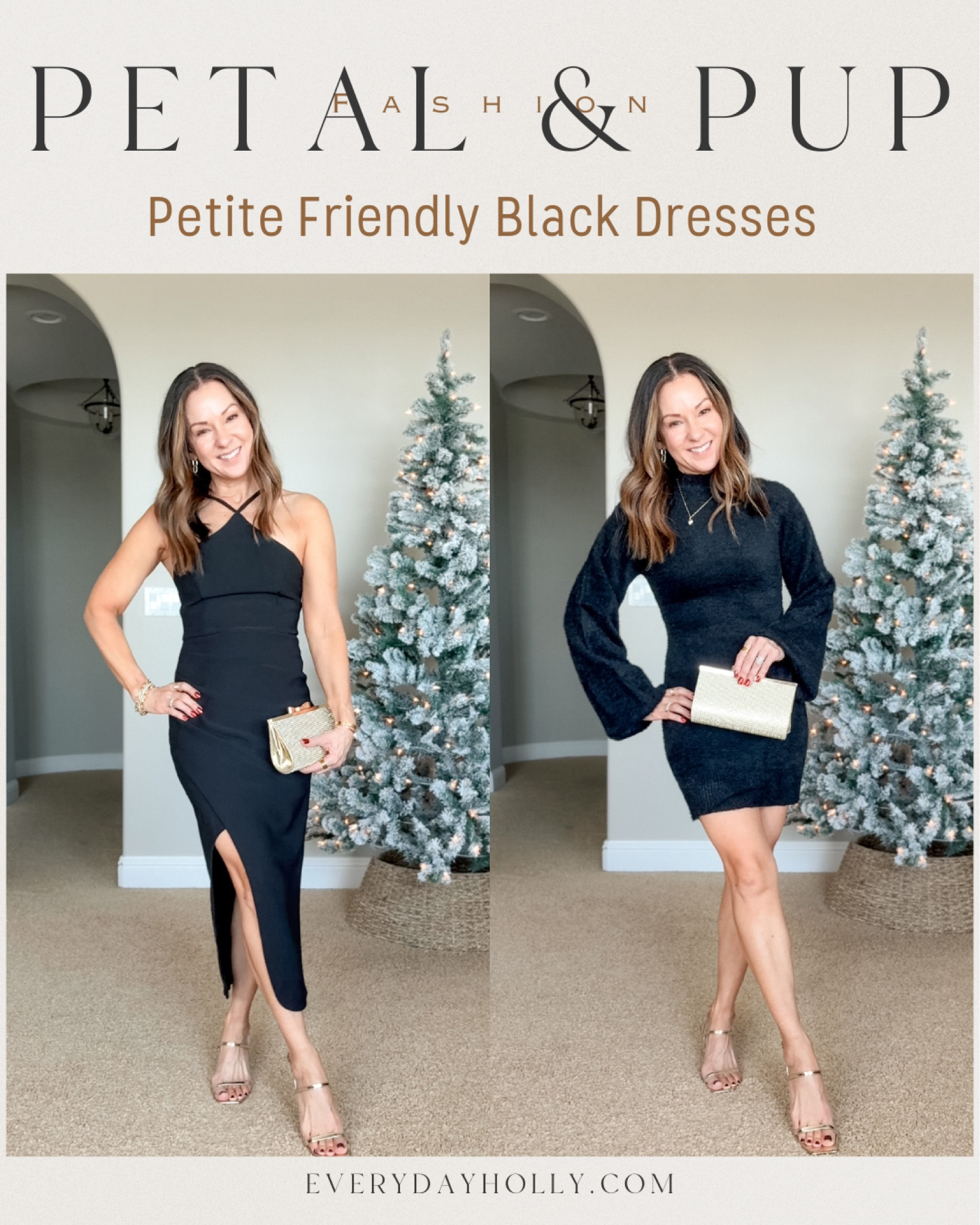 Petite, friendly, black dress dresses perfect for the holidays, weddings, New Year’s Eve, Vegas, cocktail parties. 
Wearing a size 0 in both. 
The longer dress is very comfortable with a stretchy fabric. Runs true to size.
The sweater dress keeps coming in and out of stock. Just check back. Size up in between sizes. 

#LTKWedding #LTKHoliday #LTKStyleTip