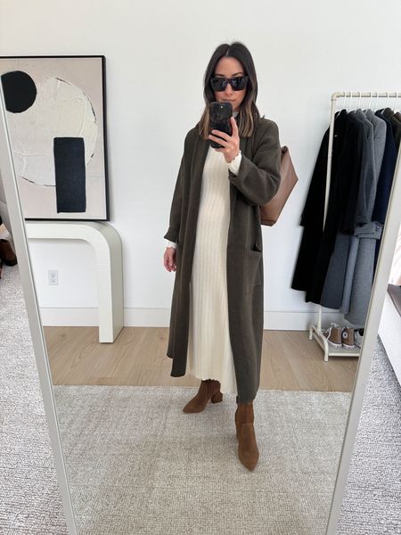 Thanksgiving outfit idea. This dress is old Mango, but linked a similar one that I actually own in brown. Go up 2 sizes, unless going for a snug fit. 

Mango coatigan xs
Mango dress xxs (old)
Loeffler Randall boots 5.5
Mansur Gavriel bag
Celine sunglasses  

#LTKSeasonal #LTKCyberWeek #LTKHoliday