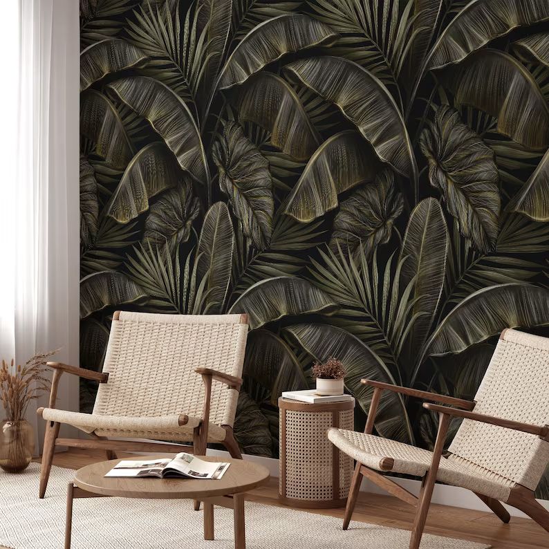 Vintage Style Tropical Banana Leaves Pattern Wallpaper, Peel and Stick Black Gold Leaf Wallpaper,... | Etsy (US)