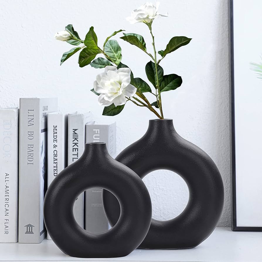 Black Ceramic Vase Set of 2, Matte Black Donut Vase for Modern Home Decor, Boho Pampas Grass Vase... | Amazon (US)