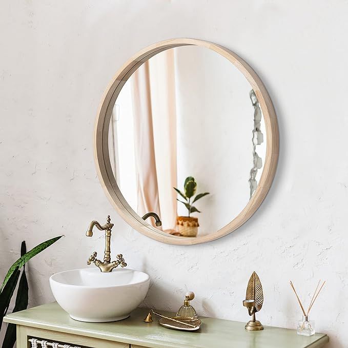 LYYYXGYP Round Wood Mirror 24 Inch Farmhouse Wall Mirror Wooden Framed Circle Mirror for Bathroom... | Amazon (US)