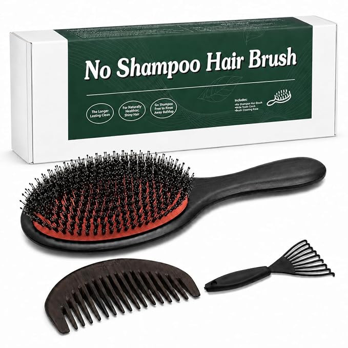 No Shampoo Hair Brush with Wide Tooth Comb,Boar Bristle Hair Brush Set,Detangler Brush,Dry and We... | Amazon (US)
