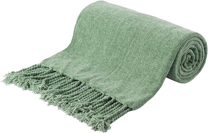 BATTILO HOME Sage Green Throw Blanket for Couch, Bed, Sofa - Soft Cozy Sage Chenille Throw with F... | Amazon (US)