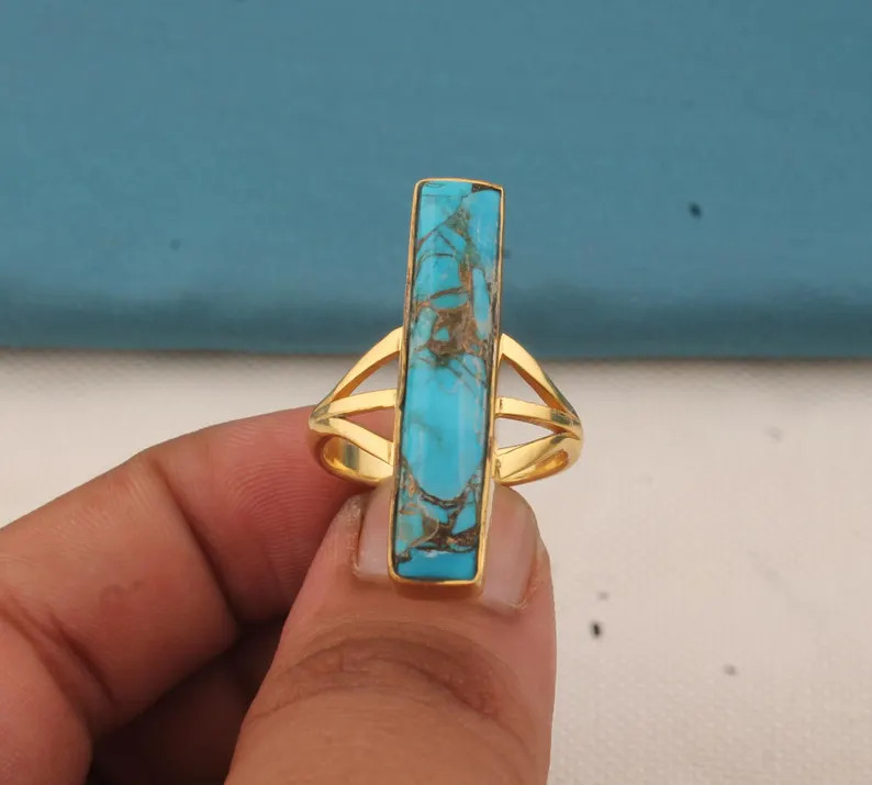 Blue Copper Turquoise 18k Gold Plated Ring: Boho Bar Statement | Etsy (Global)