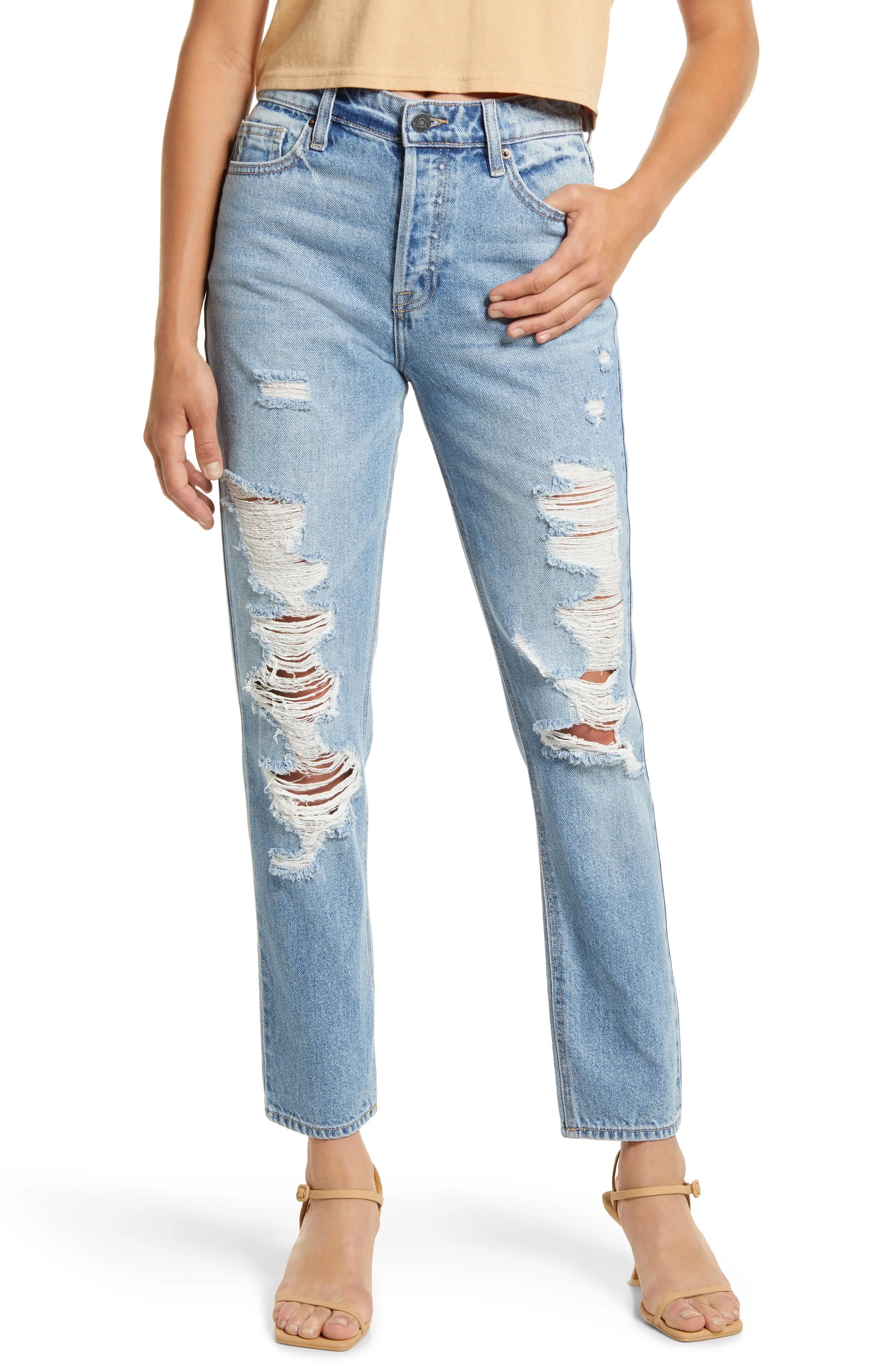 Women's Hidden Jeans Grinded Destroyed High Waist Ankle Straight Leg Jeans, Size 28 - Blue | Nordstrom
