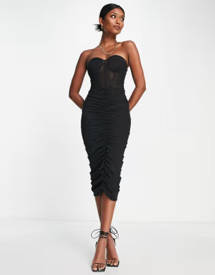ASOS DESIGN premium mesh bandeau corset ruched midi dress in black | ASOS (Global)