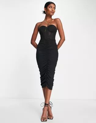 ASOS DESIGN premium mesh bandeau corset ruched midi dress in black | ASOS (Global)