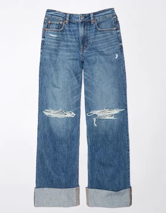 AE Super High-Waisted Baggy Wide-Leg Cuffed Ripped Jean | American Eagle Outfitters (US & CA)