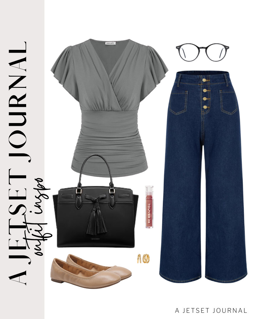 A gray ruffled blouse pairs perfectly with high-waist pants, especially when matched with ballerina walking flats from DREAM PAIRS. I'm also in love with these blue light-blocking glasses to complete the outfit. 

 #LTKSeasonal #LTKSaleAlert #LTKTravel