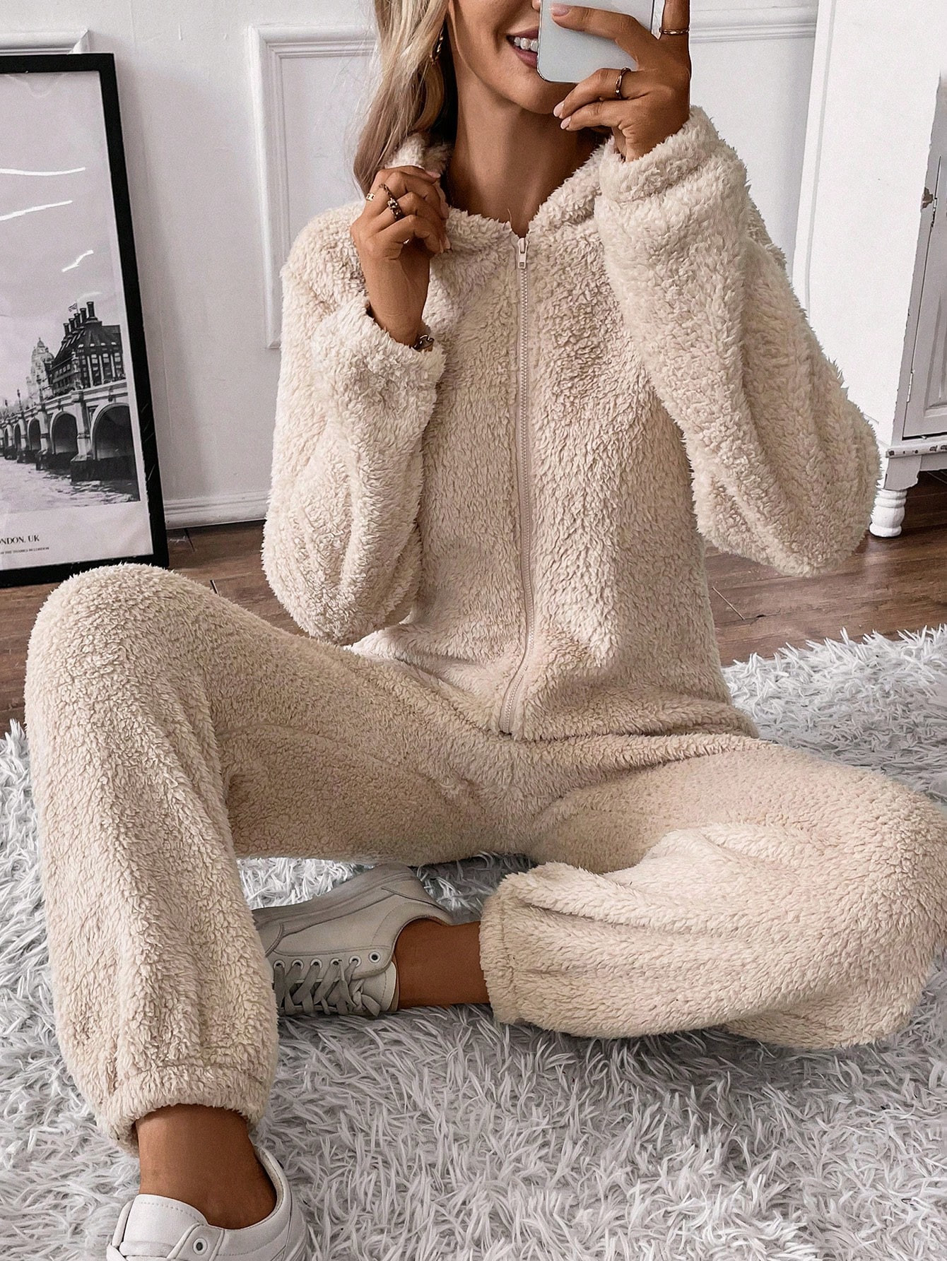 SHEIN LUNE Zip Up Hooded Teddy Jumpsuit | SHEIN