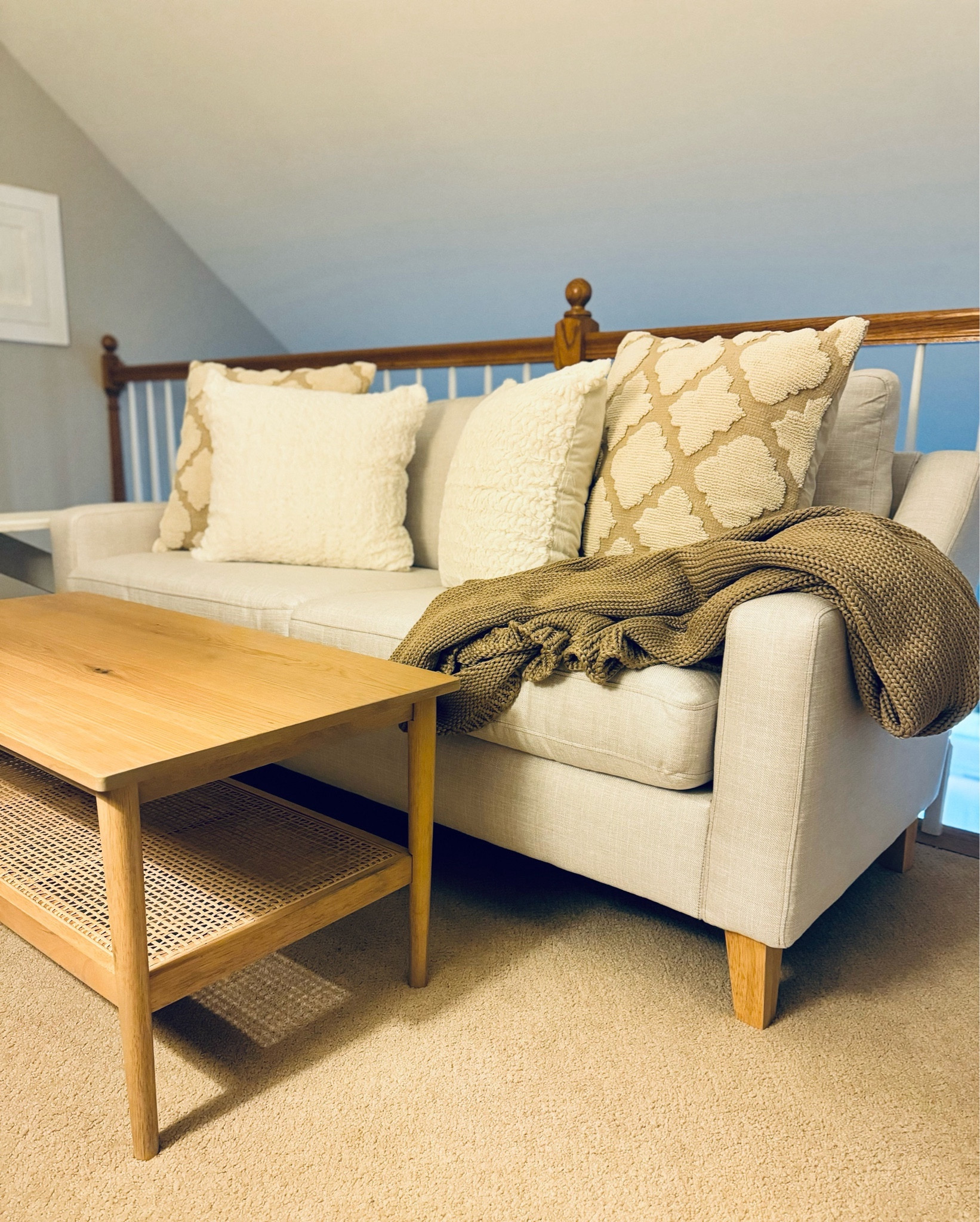 Master bedroom loft/sitting room with #mytexashouse couch and pillows!

Size up 1 in pillow inserts for extra fullness!
Also featuring our favorite weighted blanket from Amazon & cane coffee table from Target

#LTKhome
