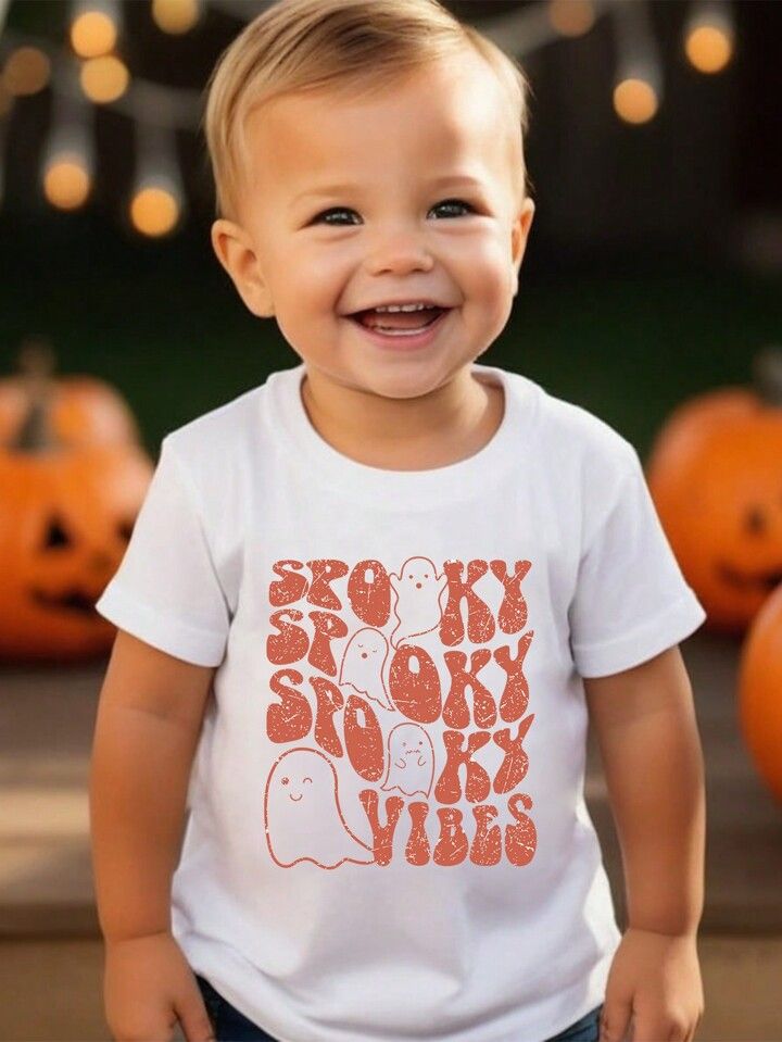 Toddler Boys Casual Halloween Graphic Ghost & Letter Print Basic Short Sleeve T-Shirt | SHEIN