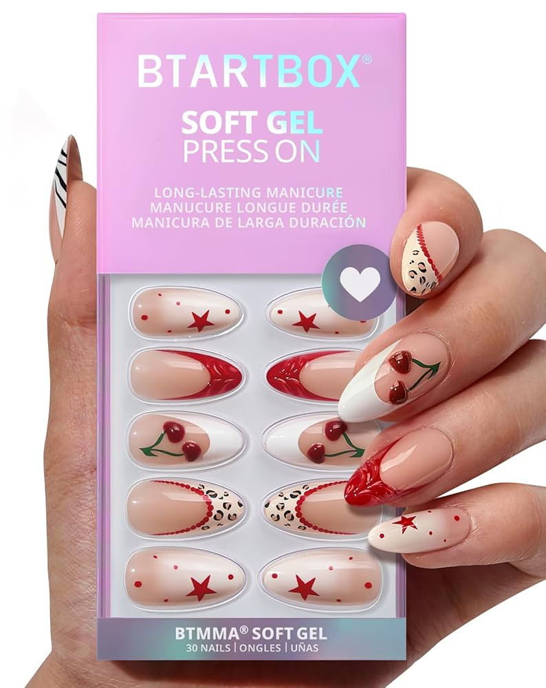 BTArtbox Press On Nails Almond - 3D Cherry Medium Red French Tip Press On Nails with Glue for Wom... | Amazon (US)