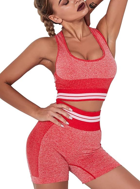 OQQ Exercise Outfit Women Seamless Workout 2 Piece Yoga High Waist Shorts Racerback with Sport Bra S | Amazon (US)