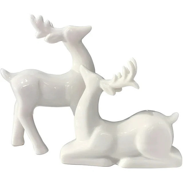 QIAOIDEA Pack 2 Porcelain Christmas Reindeer Figurines Mini Animal Reindeer Decor Deer Statues Sc... | Walmart (US)