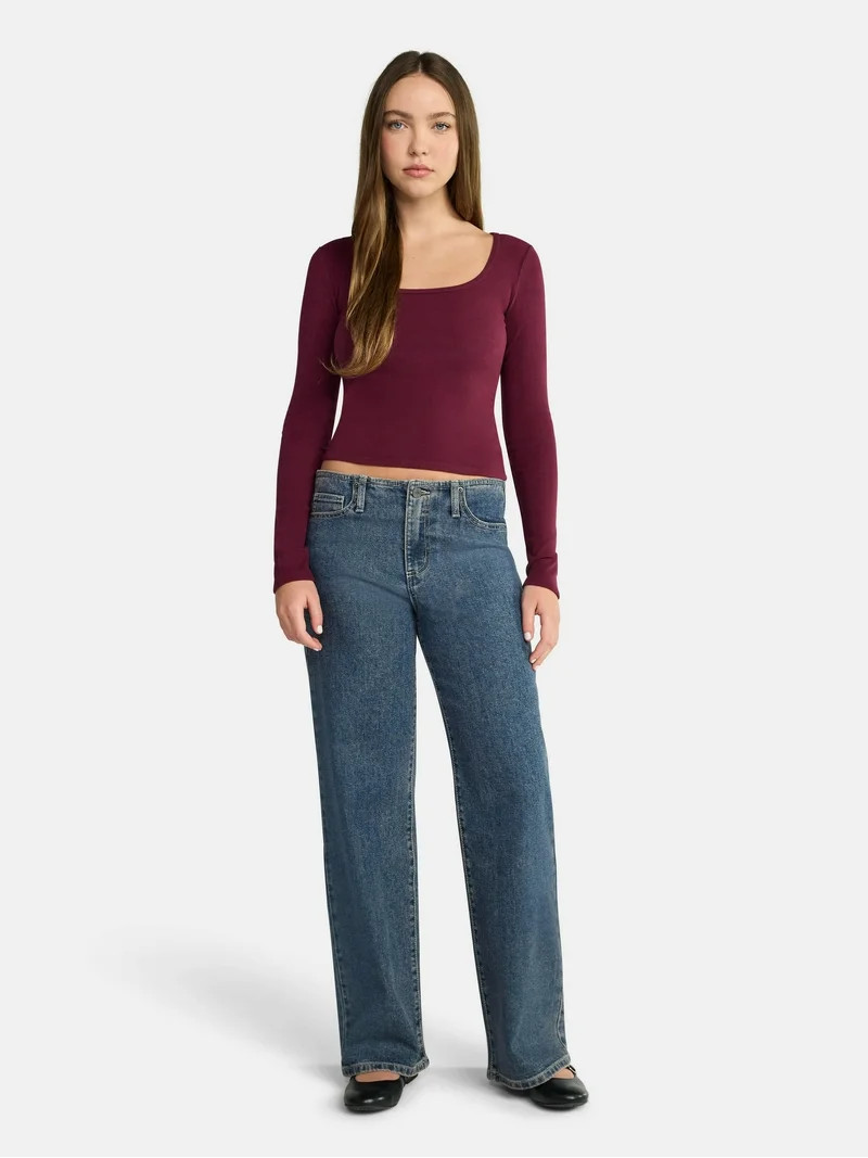 No Boundaries Square Neck Tee with Long Sleeves, Women's | Walmart (US)