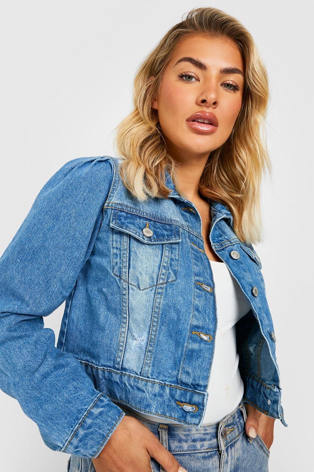 Distressed Puff Shoulder Detail Denim Jacket | Boohoo.com (US & CA)