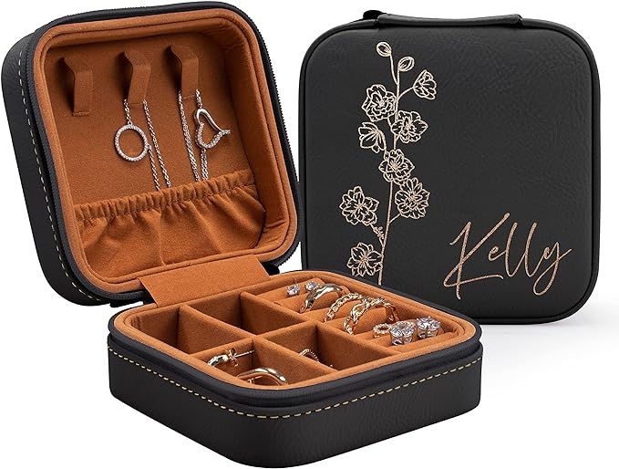 Custom Leather Jewelry Box w/Name & Birth Flower Month - Birthday Gifts for Women, Personalized J... | Amazon (US)