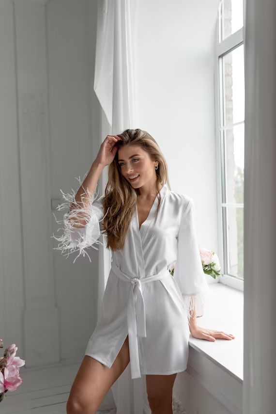 Bridal Short Robe With Feather Sleeves White Boudoir Robe | Etsy | Etsy (US)