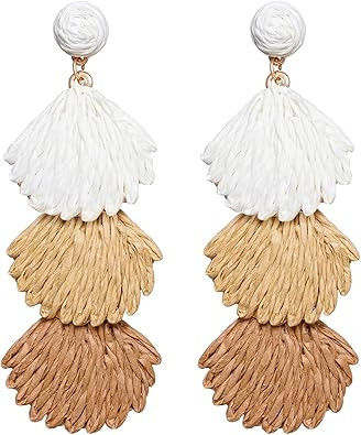 Raffia Dangle Earrings for Women - Boho Statement Rattan Drop Jewelry with Shell Design, Lightwei... | Amazon (US)