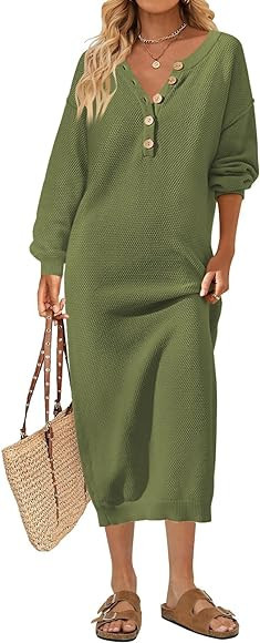 MEROKEETY Women's 2023 Long Sleeve Button V Neck Sweater Dress Casual Fall Loose Knit Maxi Dress | Amazon (US)