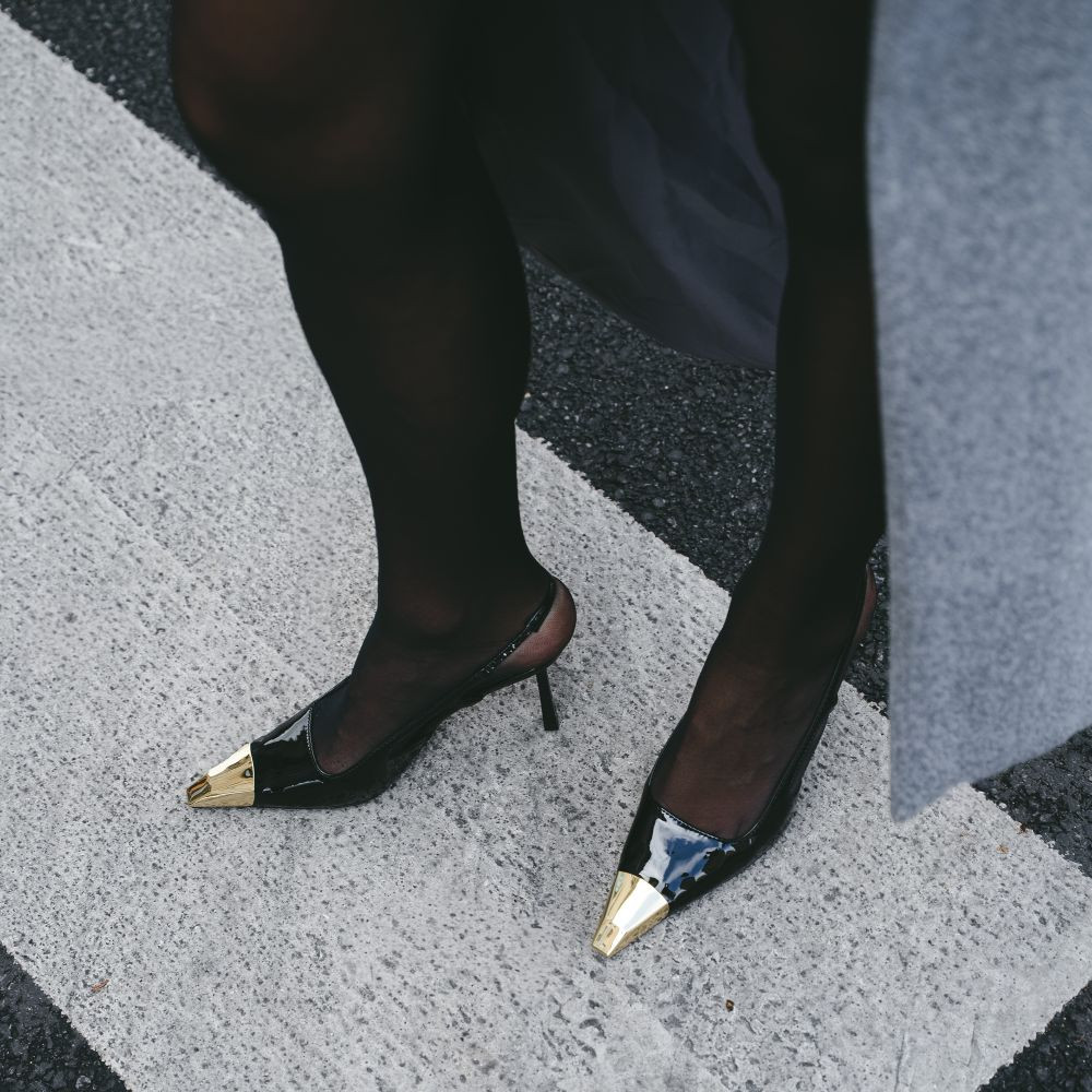 Thaila Pointed Metallic Toe Slingback Court Heel In Black Faux Leather | EGO (UK)