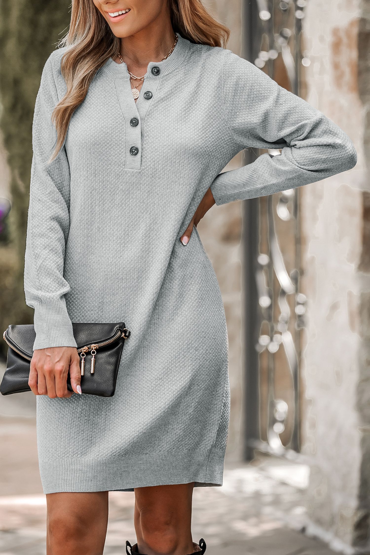 Charcoal Half-Button Midi Sweater Dress | Cupshe US