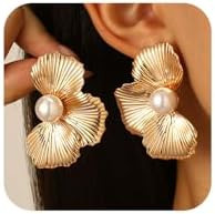 Chunky Gold Flower Pearl Dangle Earrings Dainty Large Floral Leaf Pearls Drop Dangly Earring for ... | Amazon (US)