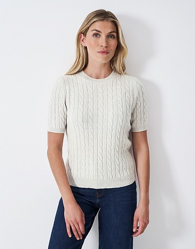 Harmony Merino Blend Cable Crew Neck Short Sleeve Jumper in Grey | Crew Clothing (UK)