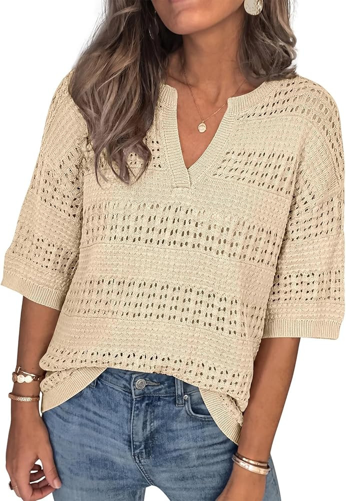 PRETTYGARDEN Womens Crochet Tops Casual Cotton Hollow Out Knit Short Sleeve Oversized Sweater for... | Amazon (US)