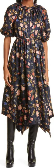 Ulla Johnson Cybil Floral Print Puff Sleeve Silk Midi Dress Navy Dress Dresses Floral Dress Dresses | Nordstrom