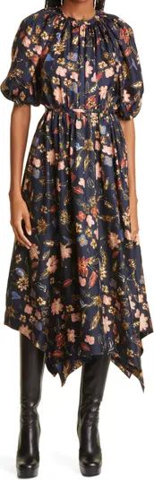 Ulla Johnson Cybil Floral Print Puff Sleeve Silk Midi Dress Navy Dress Dresses Floral Dress Dresses | Nordstrom