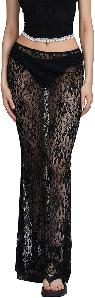 Women Lace Long Skirt Satin High Waist A-line Midi Skirt Y2K Summer Elegant Beach Party Maxi Skir... | Amazon (US)